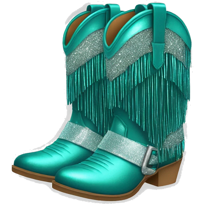 Realistic teal fashion cowgirl boots with sparkly shiny glitter fringe on them. emoji