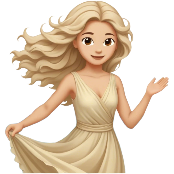 Girl in a flowing dress by the ocean, wind in her hair, a serene and confident smile with beautiful finish. emoji