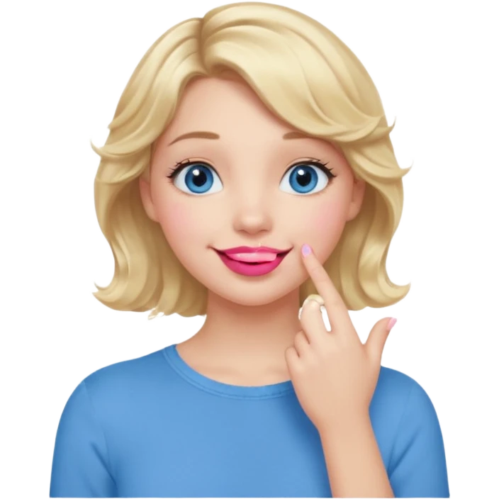 Girl Blonde short wavy hair,  blue eyes, cute blue top, long lashes, pink lips, smiling, hand covering the mouth emoji