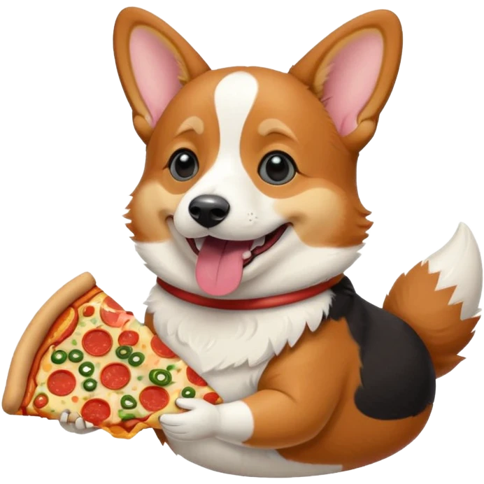 black tri-color corgi eating pizza emoji