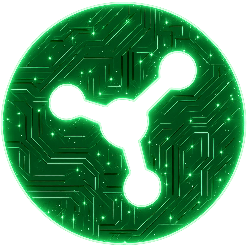 Transform the Razer Synapse logo into a cyberpunk, holographic style with glowing neon green edges and intricate circuit patterns throughout the entire icon. Maintain the recognizable green circle and black synapse shape, overlaying neon and circuit effects in a futuristic, clean cyberpunk style with consistent glow and detailed circuits. The background should be transparent to highlight the holographic neon effect. emoji