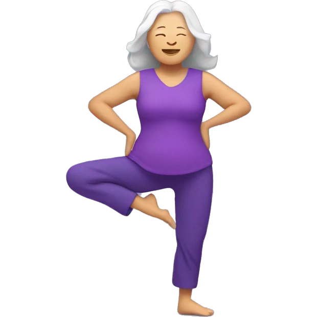 Long hair Asian senior woman in purple yoga cloth dancing Zumba emoji