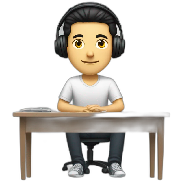 white man with black hair and headphones sitting relaxed with a desk in front of him emoji