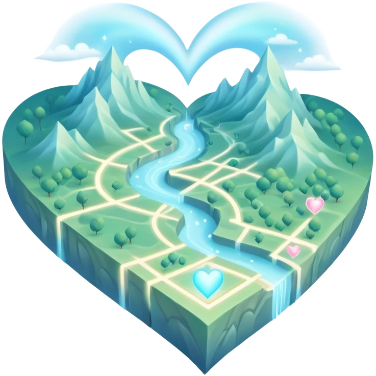 Dreamlike folded map with ethereal mist and shimmering heart pathways that glow with magical energy emoji