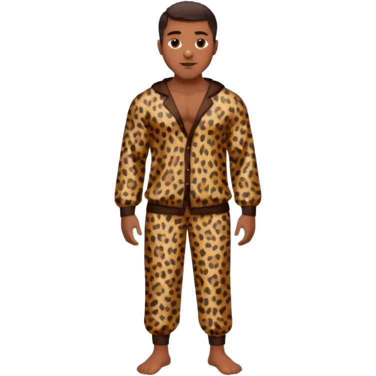 Handsome Black guy with brown skin tone, with muscular build, wearing loose fitting leapard print pajamas and white slippers  emoji