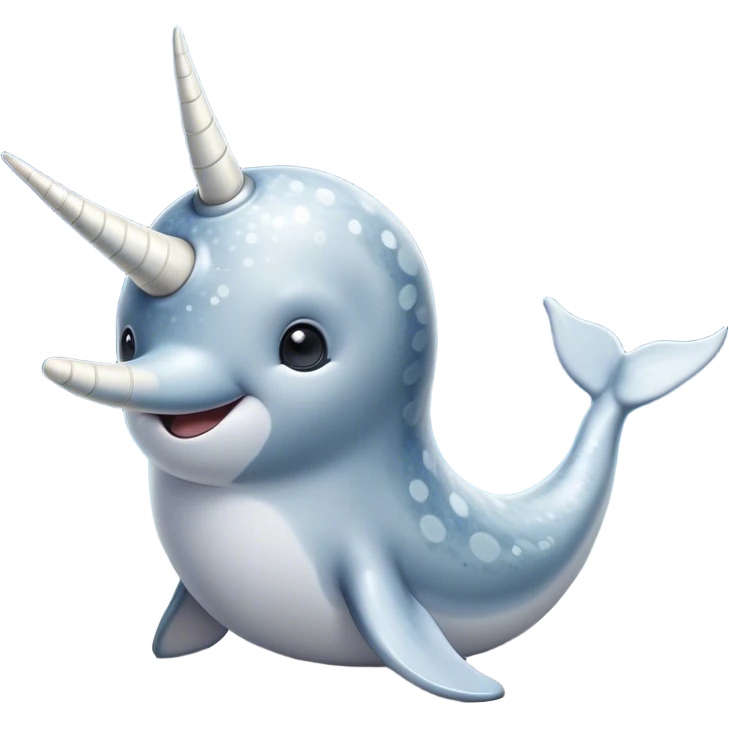 Cinematic Noble Cute Narwhal Portrait Emoji, Poised and graceful, with a streamlined, gently curved body clad in mottled, silvery-gray skin, accented by a long, spiraled ivory tusk and wide, expressive eyes radiating playful intelligence, Simplified yet sharp and sophisticated features, highly detailed, glowing with a cool, frosted ocean glow, high shine, intelligent and enigmatic, stylized with an air of whimsical marine majesty, focused and graceful, soft glowing outline, capturing the essence of a watchful and confident cute narwhal that appears ready to glide out of the screen with effortless charm! emoji