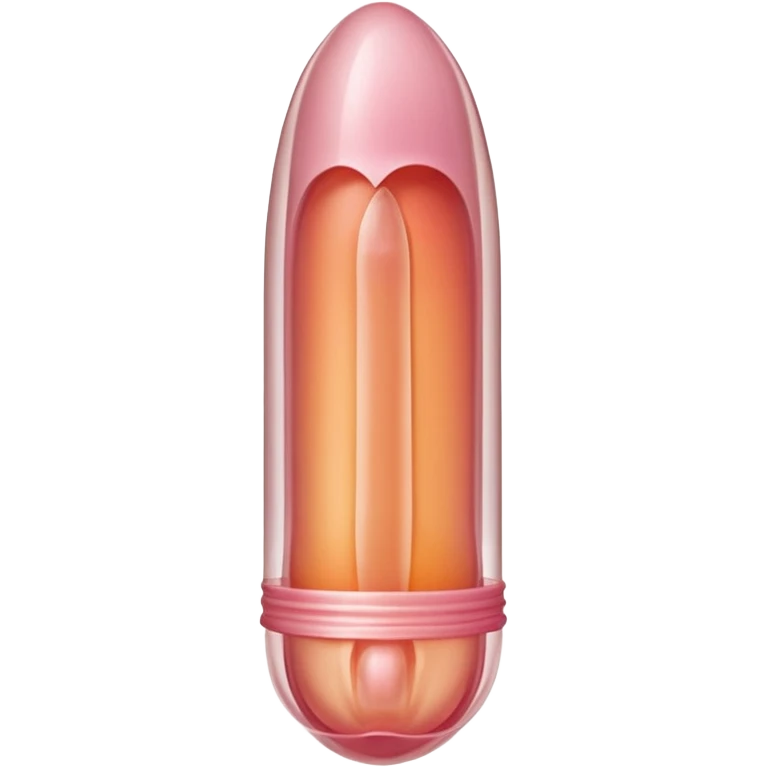 transparent condom fully covering cylindrical beige-pink penis shaft, no face. at top of penis, add glans tip that is covering approximately 1/5th length of the penis, peach shaped tip and corona line. at the bottom end/base of penis make it flat. add reservoir tip to top of condom emoji