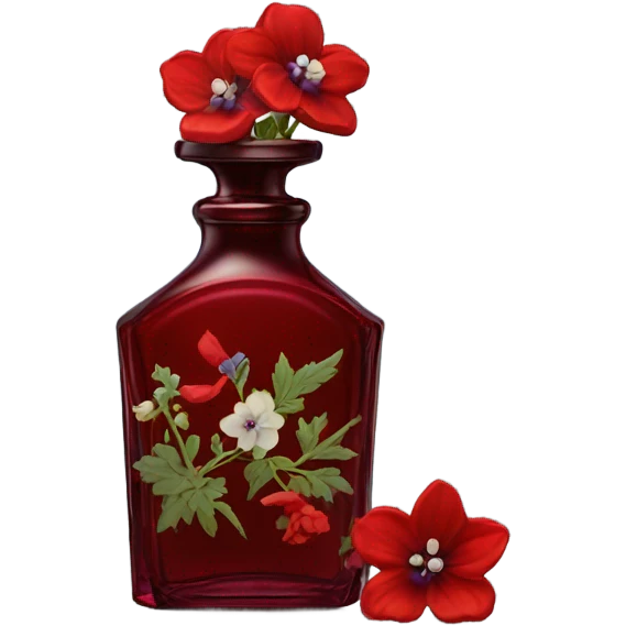 Dark red vintage French style perfume bottle with red delphiniums emoji
