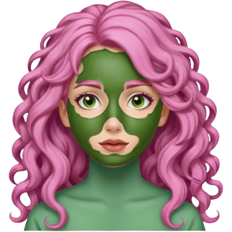 pink haired very long curly haired woman with full full face green clay mask emoji