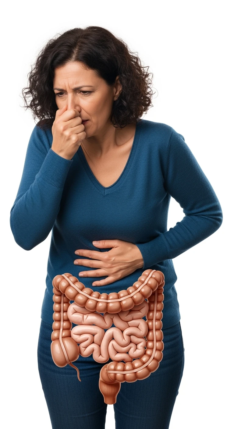 DONNA CHE SI TIENE LA PANCIA CON LA MANO E SI TAPPA IL NASO PER LA PUZZA, INTESTINO UMANO ANATOMICO IN EVIDENZA, ISOLATA SU SFONDO BIANCO emoji