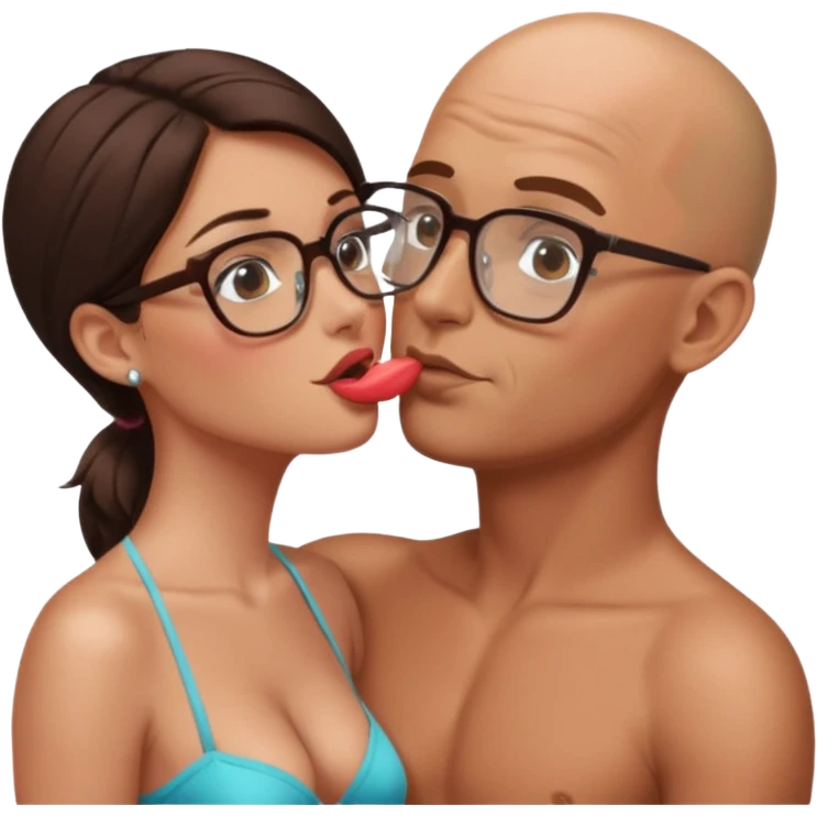A sexy shirtless brunette kissing a bald man wearing glasses emoji