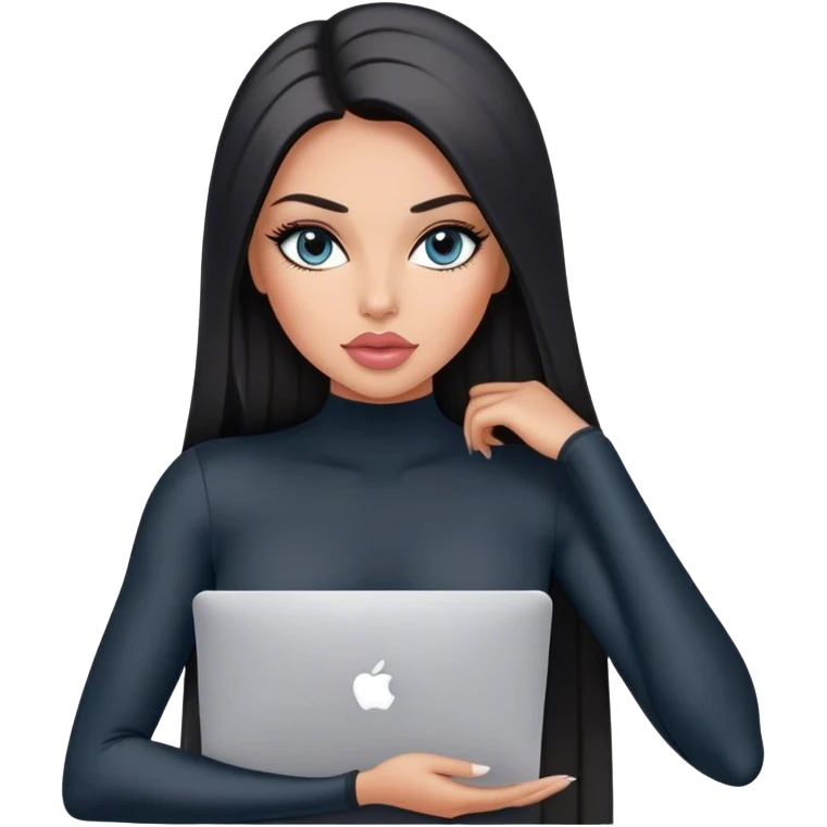 Glamours, tanned, very beautiful girl, with big pump peach-beige-rose lips, black straight smooth silky long hair, straight parting, blue-grey eyes, in black bodysuit holding MacBook emoji