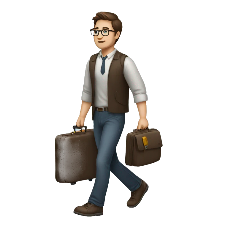 a man with brown hair and glasses walking with a suitcase emoji