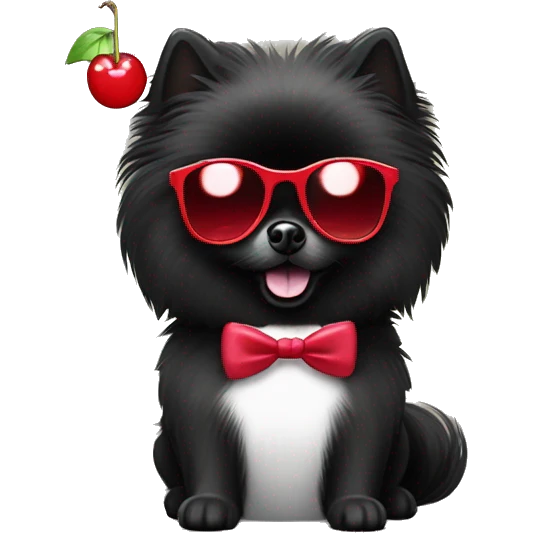 Black Pomeranian with a white chest wearing prada sunglasses and holding a martini glass with a maraschino cherry in the martini emoji