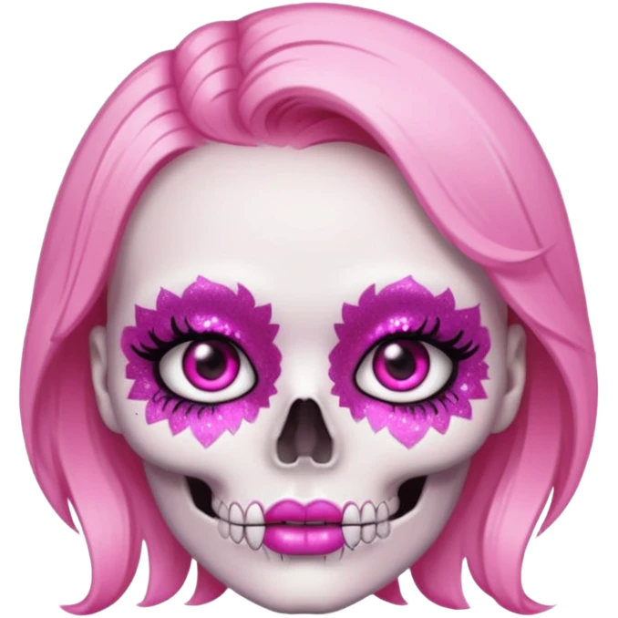 Skull with pink makeup, pink blush, pink eyelashes, pink eyes, glittery shiny emoji