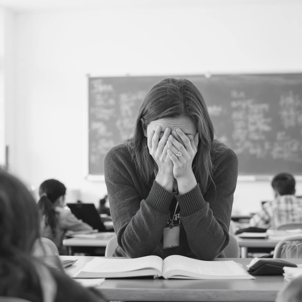 exhausted teacher in a bustling classroom emoji