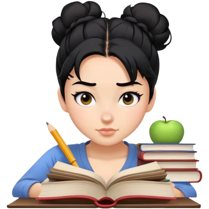 A baddie studying books, black hair, messy bun,  emoji