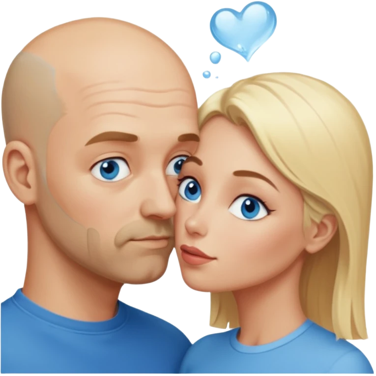 middle age bald man with salt and blonde scruff, blue eyes and blonde woman with blue eyes kissing each other emoji