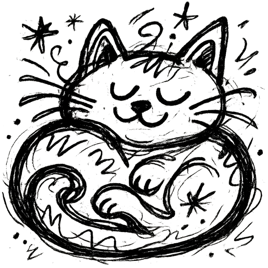 chaotic outlined icon of a cute cat curled up and purring, with exaggerated, whimsical features emoji