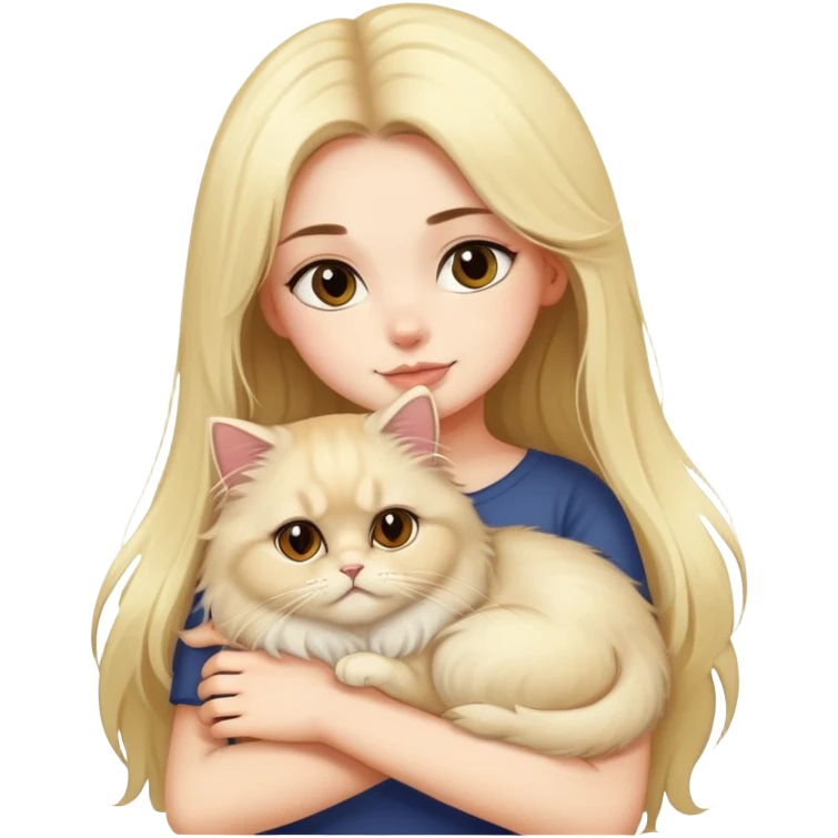 pretty girl with DARK long hair hugging her blonde fluffy persian cat  emoji