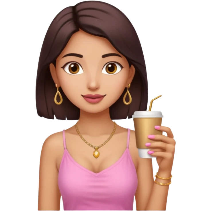 a pretty fair indian bratz girl with a pink cami top, drinking takeaway brown coffee, golden dainty necklace emoji