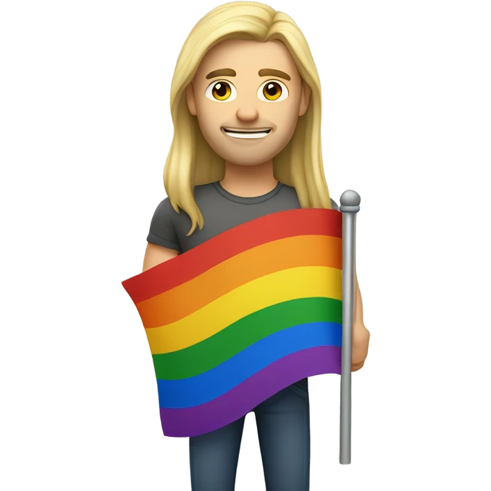 caucasian man with straight long blonde hair holding gay flag emoji