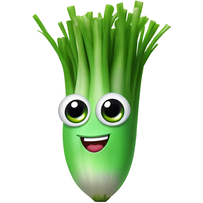 3D Cheerful green onion with big expressive eyes, a wide smile, and a few green stalks on top. Designed in a cute, cartoonish style with vibrant colors. emoji
