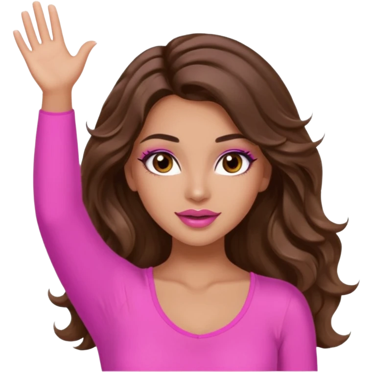 girl with long wavy brown hair, brown eyes, long lashes makeup, sexy pink lips, light to medium complexion, wearing a pink sexy top, both hands in teh air emoji