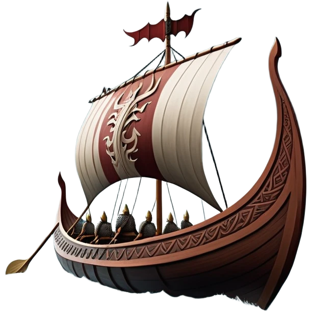 detailed-cinematic-viking-longboat, rendered in a flat, bold vector style with minimal shading, featuring a striking dragon-headed prow slicing through waters. shields on the side and vikings rowing The longboat’s, the boat has carved motifs evoke a sense of epic adventure and Nordic might, with billowing sails catching a dramatic, stormy sky backdrop. emoji