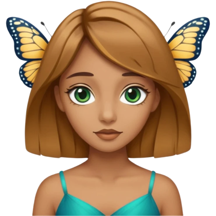 Mädchen mit dunkel-honig blonden Haaren mit einem butterfly cut und dunkel blau-grüne ocean mandel förmige schmale große enge scharfe Augen  emoji