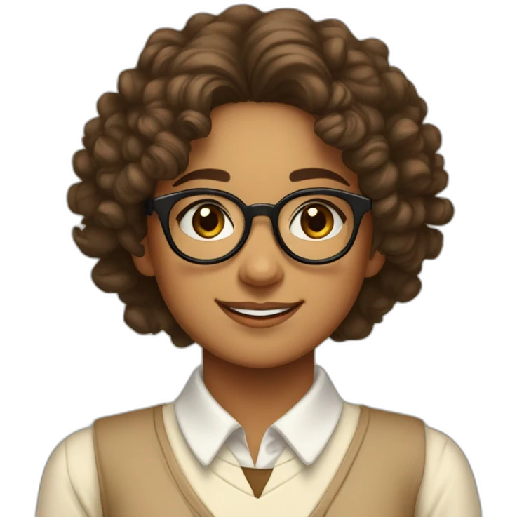 smiling indian teenage girl with curly hair and glasses wearing a collared long sleeve white shirt under a beige v shaped collar sweatervest with no buttons emoji