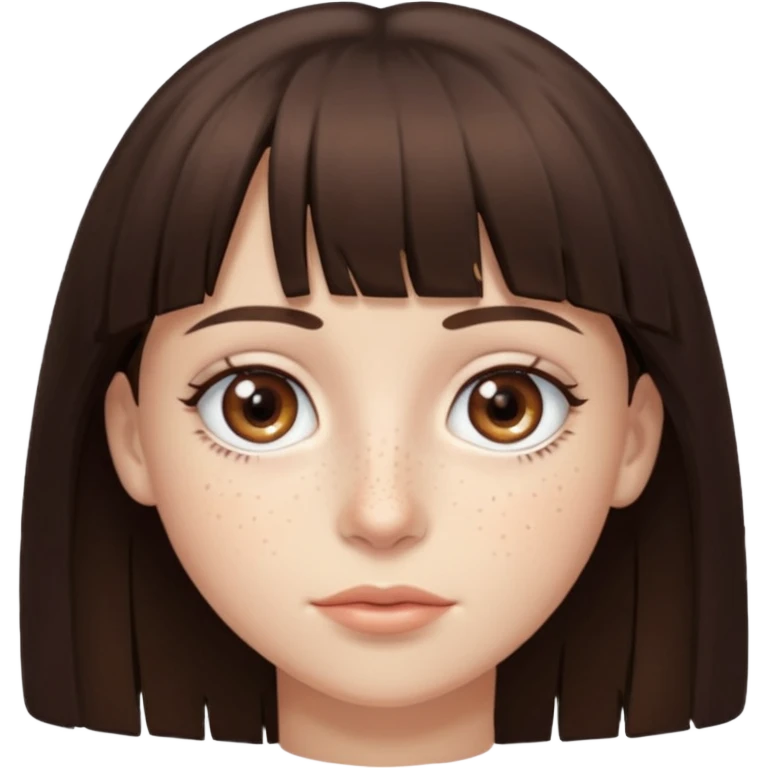 branca, olhos hazel, franjnha, pequenas sardas, cabelo castanho escuro, zoombue emoji