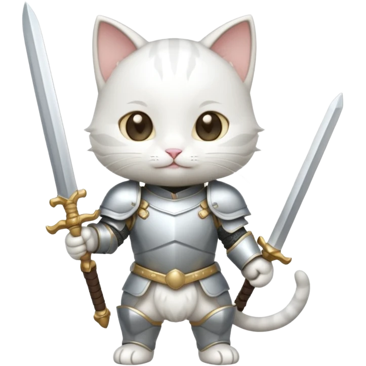 baby chibi white cat in silver armor, full body, smile, hold sword emoji