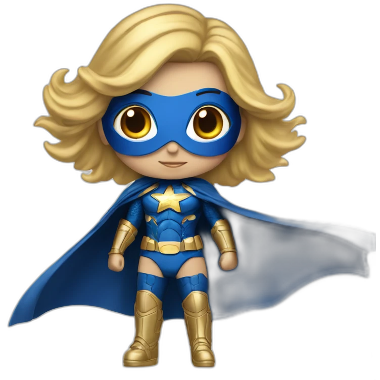 Super hero, girl, textured blue suit, blonde, gold shoulder pad armor, American Flag for a cape, flying, horizontal emoji