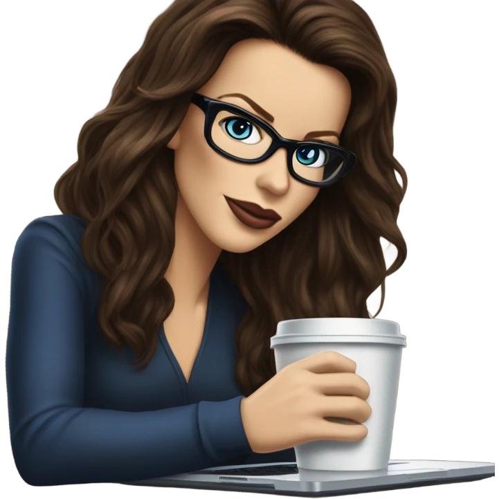 Hyper Realistic Kate Beckinsale dark blue eyes wearing glasses drinking coffee at a laptop  emoji