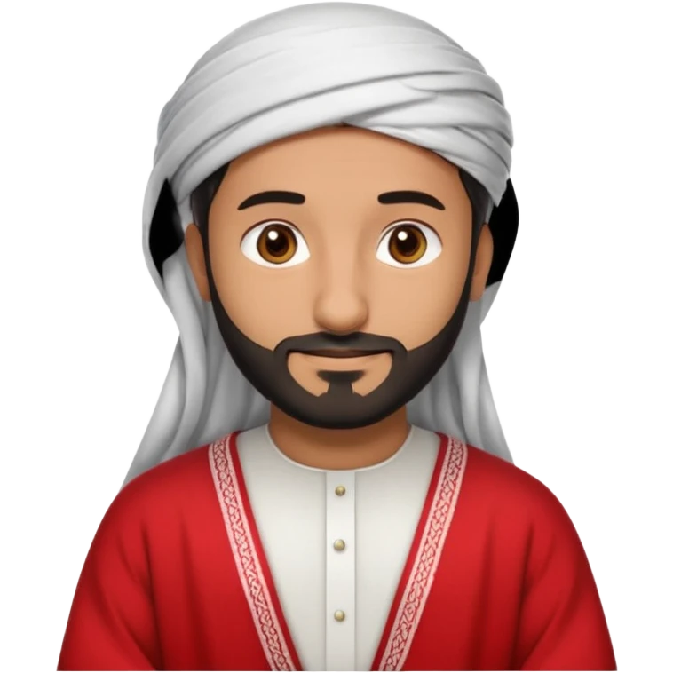 detailed iPhone-style emoji of a Saudi man with a soft, round cartoon face, short beard, gentle brown eyes, calm confident smile, wearing traditional white thobe, red-and-white shemagh with black agal, both hands gently crossed over chest emoji