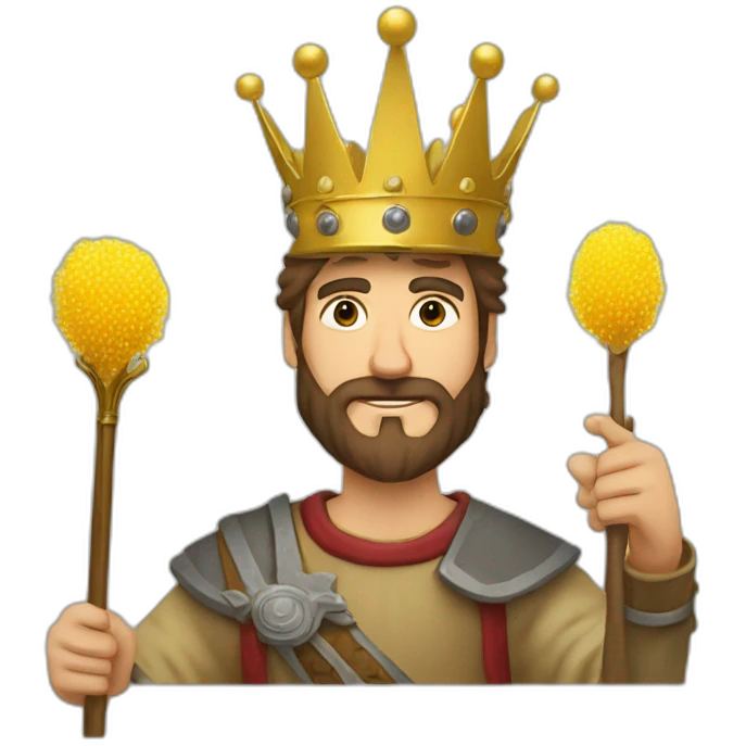 medieval peasant in a crown with a golden scepter in his hand. with a different mimosa symbolizing emotions emoji