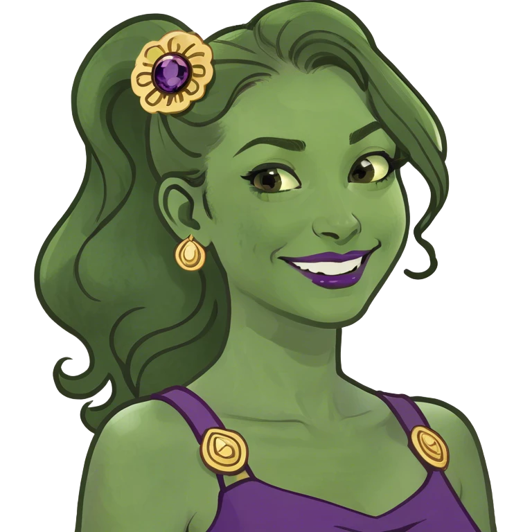 Animated woman inspired by Disney’s Hercules, with long brown hair styled in a single high ponytail with wavy ends. A signature curl falls over her forehead. She wears a flowing purple dress with golden brooches on the straps and has a confident, playful smirk emoji