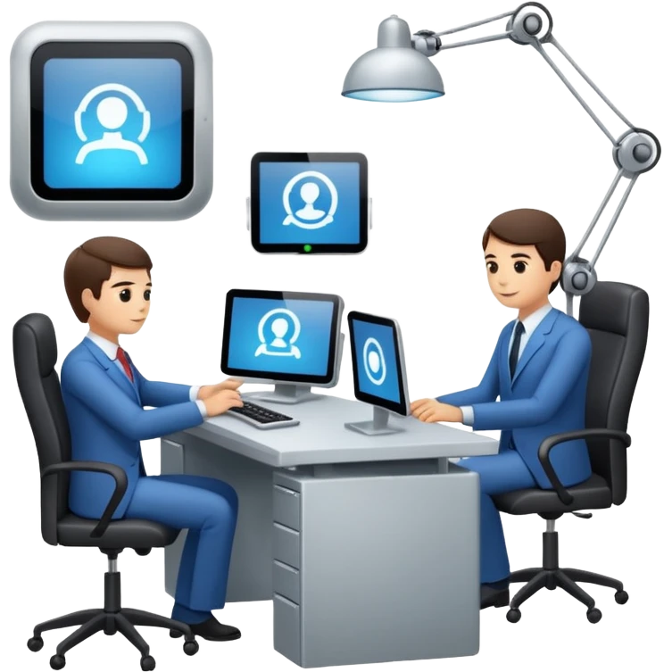 Digital Labour as an example of Agents at work in a workplace setting. I want to see a traditional office worker and a support co worker that is an AI Agent [Not a Robot]. emoji