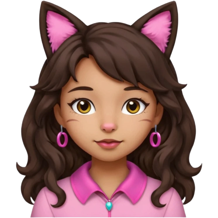 Adjust the character's skin tone to a medium Hispanic tone. Keep her long, dark, wavy hair, cat ears without a headband, and a cute pink or silver collar. Maintain the apple emoji style with a transparent background. emoji