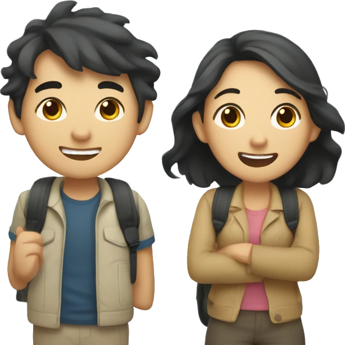 Cute Asian couple (girl with wavy long hair guy with short straight hair) excitedly traveling  emoji
