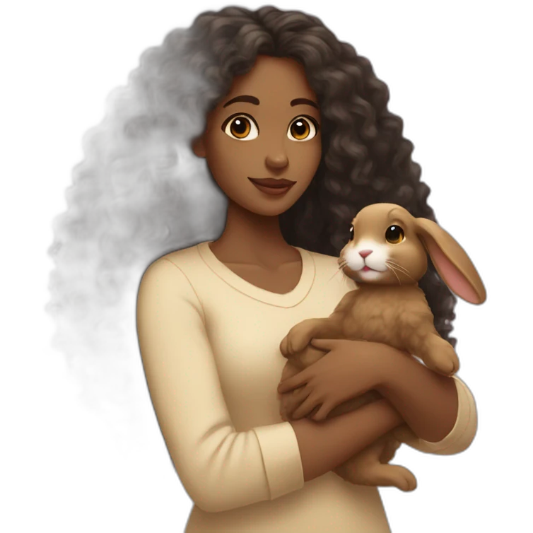 black woman long curly hair holding floppy eared tan rabbit cute emoji
