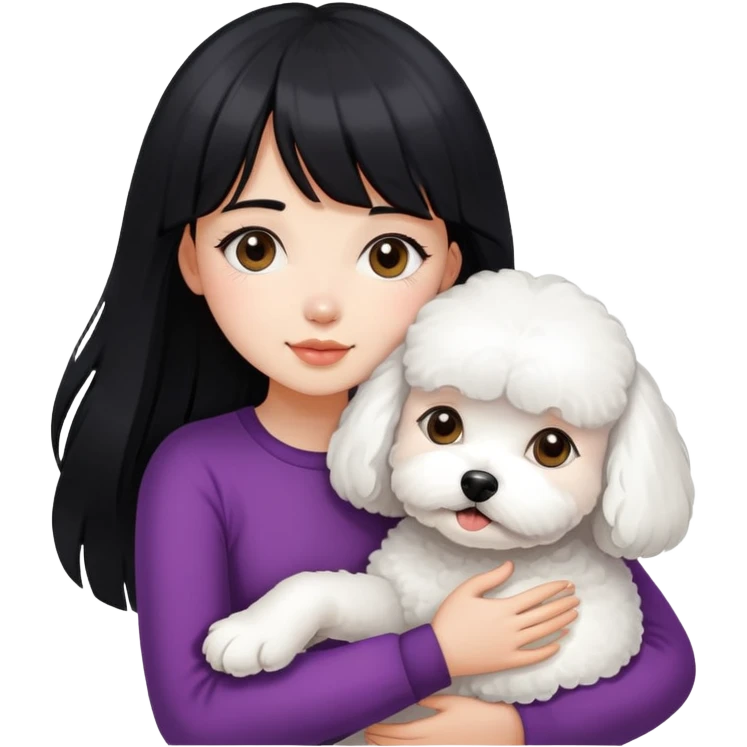 A beautiful girl with long black hair and bangs hugs a super small Bichon Frise dog emoji