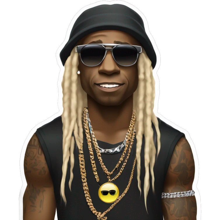 Lil Wayne:

A laid-back icon with oversized shades, layered chains, tattoos, diamond grill, and long blond dreads under a backward cap. Cool, confident, and effortlessly stylish. emoji