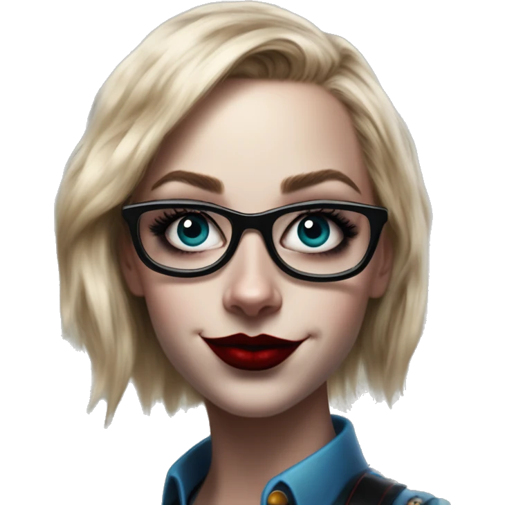 Geeky programmer in Harley Quinn style, oil paint, mysterious eyes, intricate lips, masterpiece portrait, odd perspective, beautiful, desirable, logical emoji