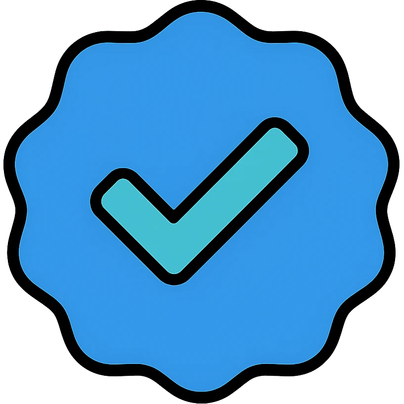 blue checkmark badge icon, inspired by Instagram, minimal and bold, clean and modern, suitable for app icon, rounded edges, vibrant colors, simple and recognizable emoji