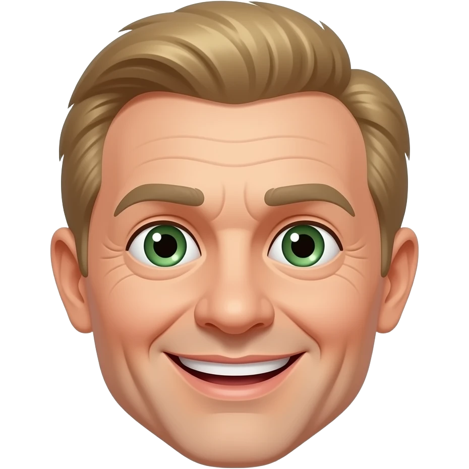 make this real, blonde-ish hair, greenish eyes, 50s, sparkle in the eyes, fun, smile, no earrings emoji
