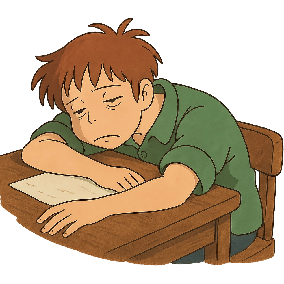 ghibli style person slumped over a desk, looking lethargic emoji
