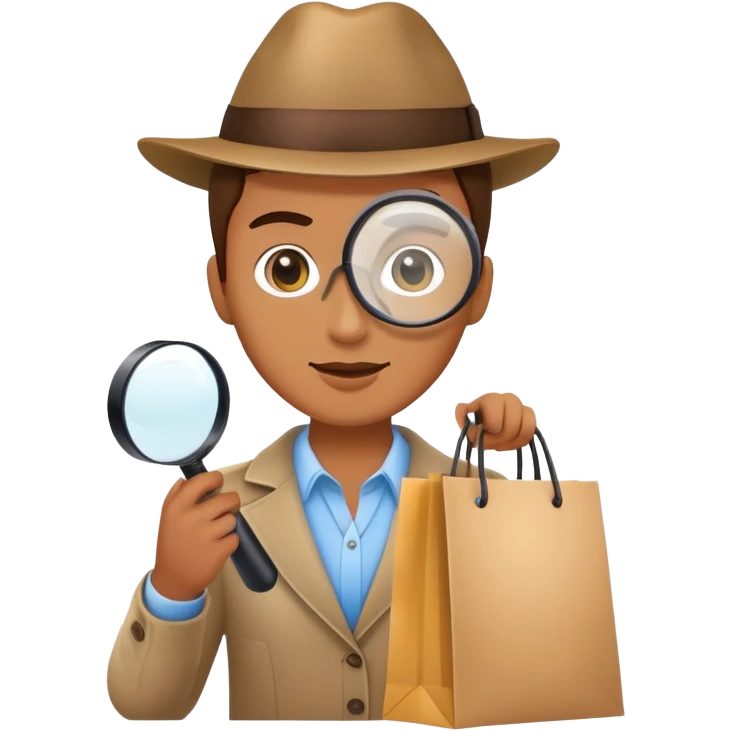 mystery shopper holding a magnifying glass and a shopping bag emoji