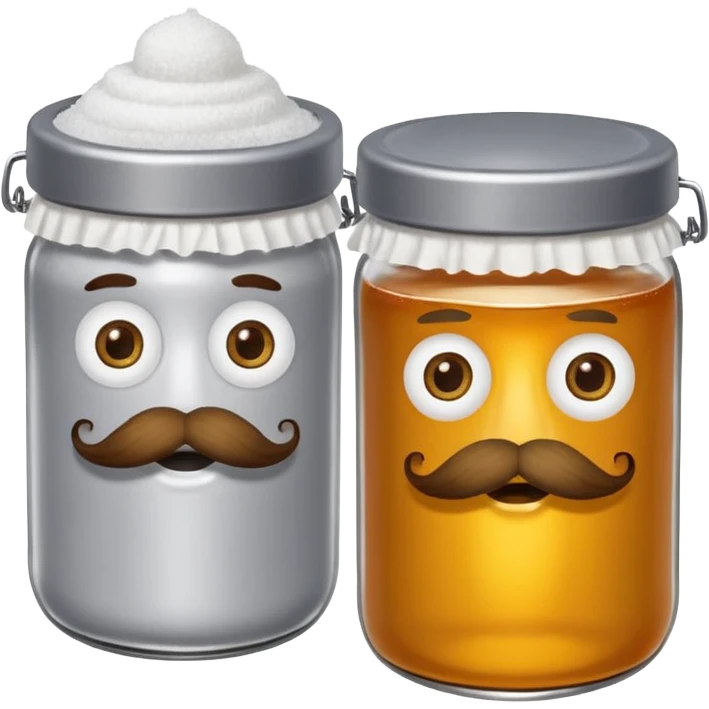 Garama and Madundung are together a gray container of salt and a honey container with a cloth on top. They each have eyes with white in the middle, a mouth, nose, and mustache both customary to their colors. They have hairy legs and emit an aura of salt (Garama), and honey (Madundung). emoji